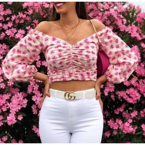 Zara Pink Floral Off The Shoulder Ruched Bardot Top‎ Size Medium - Picture 1 of 12
